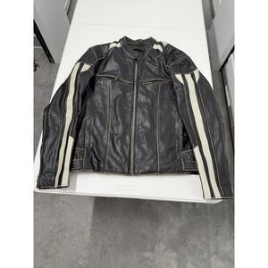 Mens Black Leather Motorcycle Jacket White Stripe Accents Zip Front Biker Style